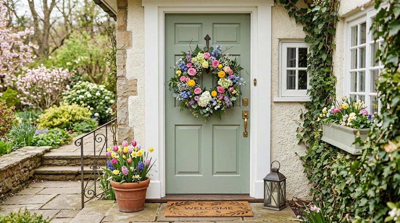 Front door with floral spring wreath
